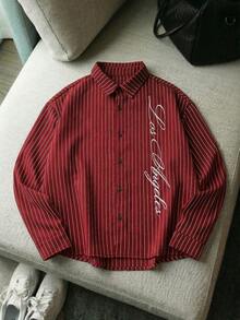 AXEPEAK Men's Casual Commuter Striped Long Sleeve Shirt - Red - View 7