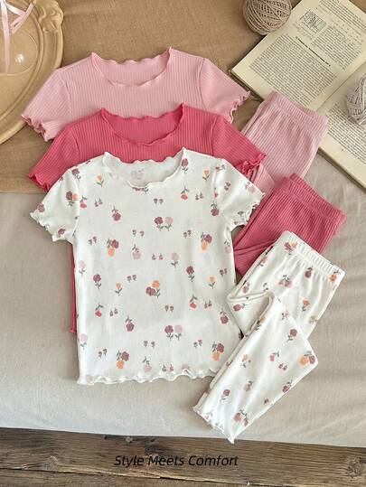 LMoss Kids SHEIN Dozemod Kids Baby Girl Heart Pattern Ruffle Trim Round Neck Short Sleeve Top & Pants 6-Piece Soft Pajama Set