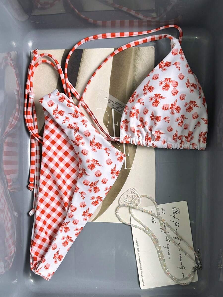Swim Mod Bộ bikini hai mảnh mùa hè mới về dành cho nữ, áo và quần bikini tam giác buộc dây cổ, họa tiết hoa và kẻ caro ngẫu nhiên, đồ bơi đi biển. - Nhiều màu - Xem 1