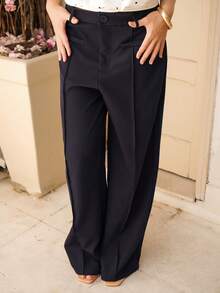 Ananda Vibes Của phụ nữ Màu thuần Mặt trước đường may Thẳng Quần - Màu xanh hải quân - Xem 6