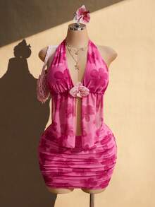SHEIN ICON Ensemble top à col ras-du-cou et jupe plissée à imprimé floral pour femmes grandes tailles - Rose bonbon - Voir 11