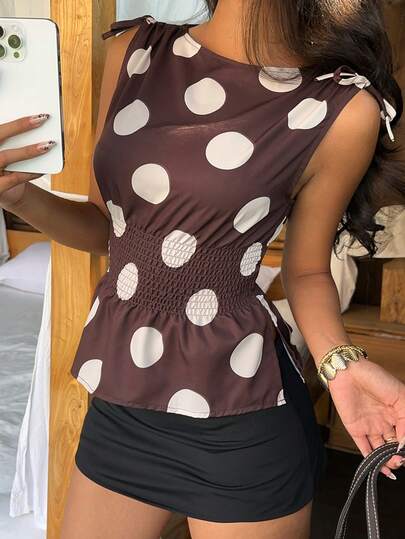 Aloruh Coffee Color Polka Dot Sleeveless Collared Crop Top