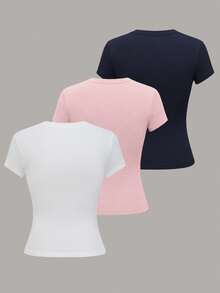 Plivvot Camiseta casual de mujer de manga corta de unicolor, versátil - Multicolor 20 - Ver 2