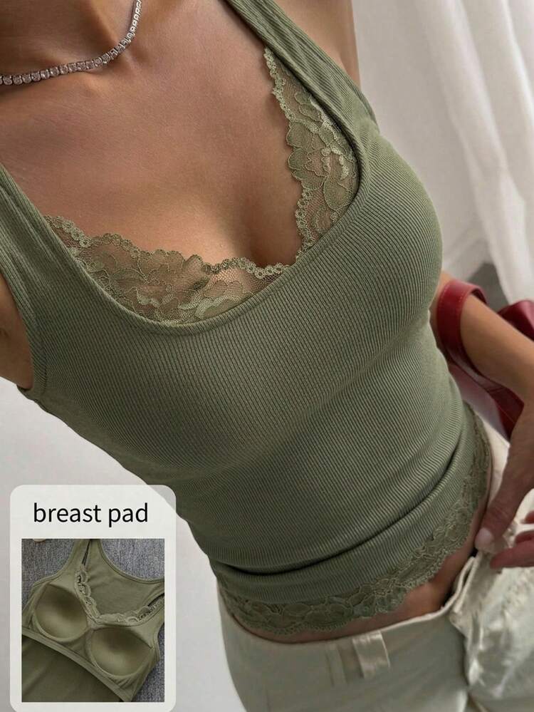 Spring & Summer Green Padded Casual Street Hollow Lace Patchwork Camisole, Fitted For Wedding, Party, Valentine's Day