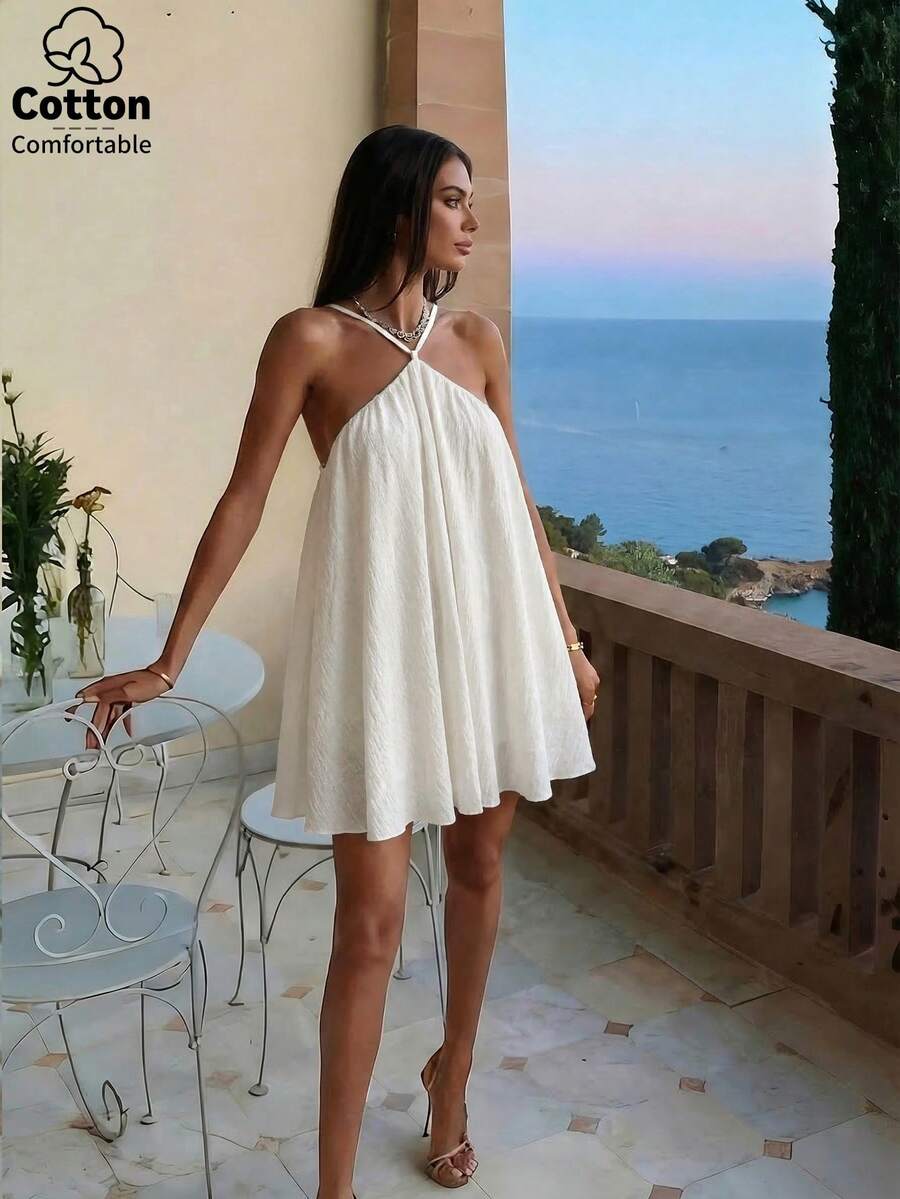 Aloruh 女士新款性感露背雪纺连衣裙/白色迷你裙/沙滩度假连衣裙/伞裙/婚礼季服装/华丽迷你连衣裙 - 白色 - 查看 1