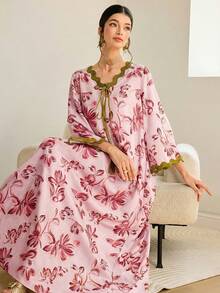 Al Najma 女士印花V领撞色滚边长袖阿拉伯风格连衣裙 - 粉色 - 查看 7