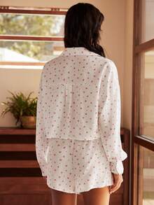 Lullawish 女士碎花长袖上衣和短裤睡衣套装 - 白色 - 查看 2