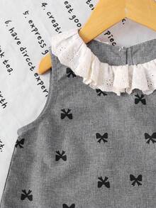 SHEIN 女童荷葉邊圓領蝴蝶結圖案背心與長褲休閒套裝 - 灰色 - 查看 4