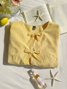 Comfortcana 加大码黄白格子系带短袖休闲衬衫 - 黃色 - 查看 3