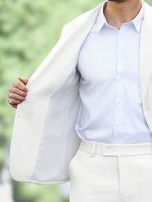 Manfinity Mode 男士简约纯色商务西装，包含上衣和裤子，棕色，两件套，适合休闲、周末旅行、户外活动、轻松的工作环境或正式场合，可作为送给男友/丈夫的礼物，周年纪念礼物，男士正装，男士白色亚麻西装，男士舞会西装，男士白色礼服。 - 白色 - 查看 6