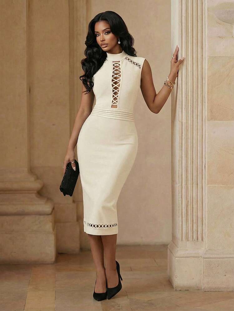Women's New Sexy Bodycon Pleated Long Lantern Sleeve Bandage Elegant Party Dress, Black Hollow Out Cocktail Gown