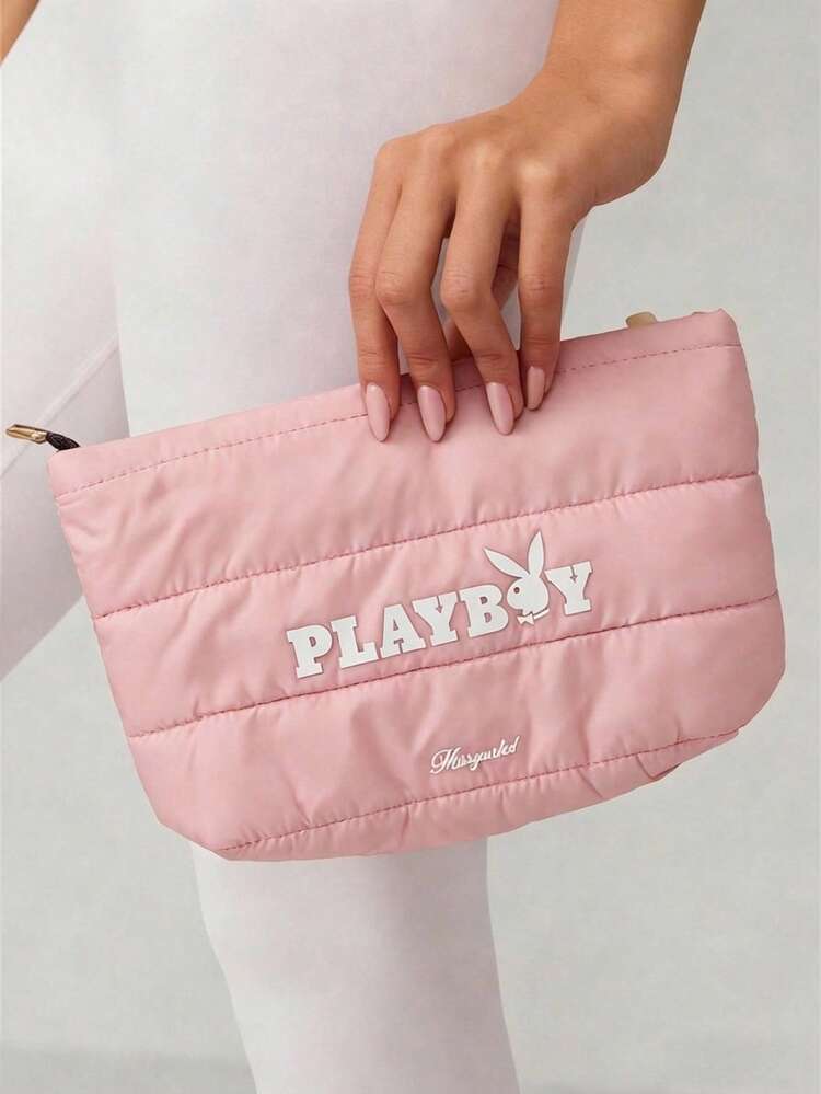 Missguided x Playboy Pink Quilted Logo Makeup Pouch Travel Cosmetic Organizer Bag With Zipper Closure
