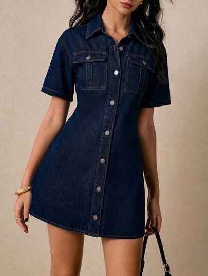 Poéselle Đầm denim nữ kiểu dáng thường ngày cài cúc phía trước, thích hợp cho mùa hè.