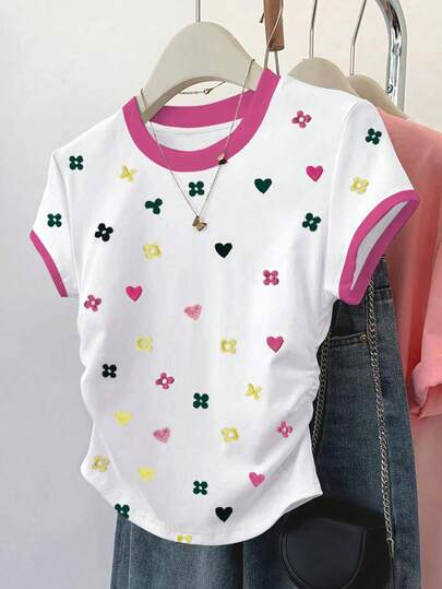 Resyla Women's Fashion Casual Floral Digital Print Side Ruched Round Neck Fitted Short Sleeve T-Shirt