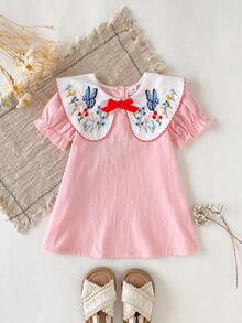 SHEIN Đầm cổ Peter Pan thêu hình bướm và hoa dễ thương cho bé gái, thích hợp mặc mùa hè. - Hồng - Xem 4