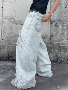 Manfinity EMRG 男士休闲水洗做旧七分牛仔裤 - 淺灰色 - 查看 6