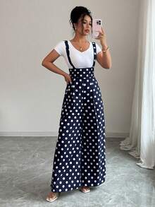 Elenzga Women's Polka Dot Pattern Wide Leg Loose Casual Jumpsuit - Blue - View 3