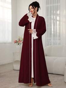 Al Najma 撞色领口和袖口，撞色蕾丝宽松睡袍，适合度假穿着 - 酒紅色 - 查看 3