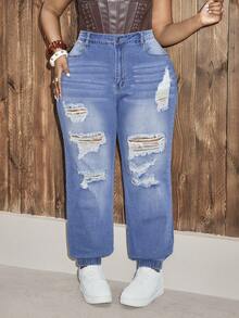 SHEIN Unity Plus Size Ripped Slant Pocket Loose Casual Jeans Brown Spring - Blue - View 4