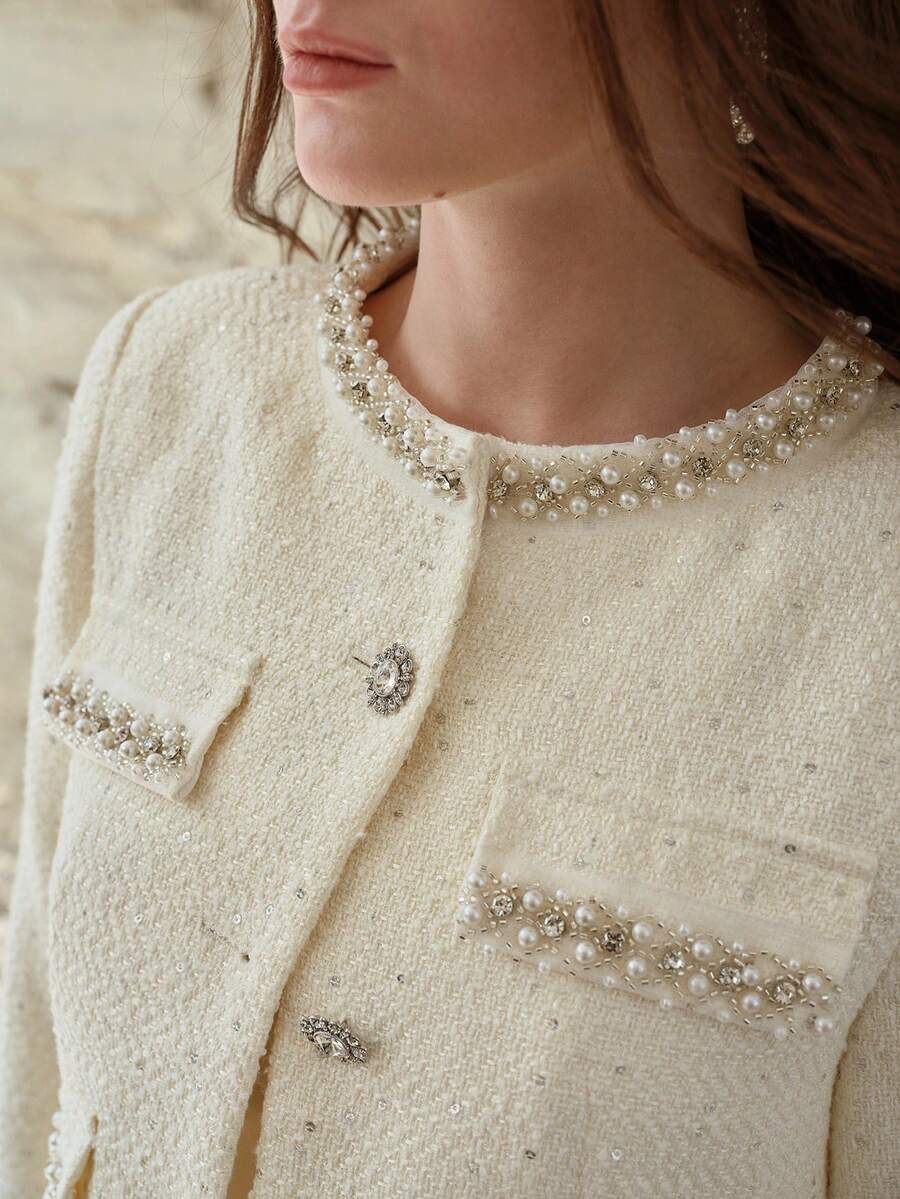 MOTF PREMIUM CHAQUETA DE MUJER CON BOTONES Y DETALLES DE STRASS Y PERLAS FALSAS - Beis - Ver 1