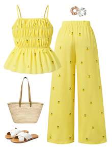 Sparklyn Bộ đồ 2 món cho bé gái, gồm áo hai dây và quần ống đứng in hình dứa kẻ sọc, kiểu dáng mùa hè, thích hợp cho vui chơi, nghỉ lễ và mặc hàng ngày. - Màu vàng - Xem 4