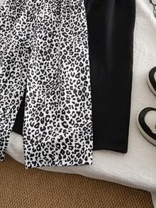 Genkimix Kids 2 Stücke/Set Mädchen modisches Lässig Outfit, Schleife Dekor gerade geschnittene Hose, Leoparden Muster + Schwarz Kombination, geeignet für täglichen Herbsttragekomfort - Verschiedenfarbig - Übersicht 4