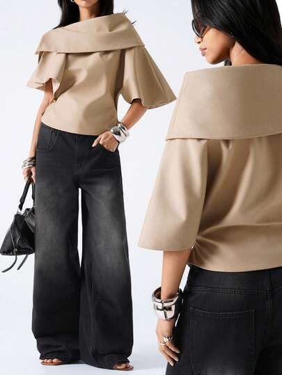 LYSMO 2026 New Arrive Minimalism Spring/Summer  Women's Elegant Solid Color Oblique Shoulder Lightweight Jacket, Autumn Wide Leg Jeans For Women Tops To Wear With Wide Leg Pants Outfit Ideas For Women Trending Outfit Women Model Outfit