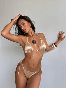 Aloruh Women's Champagne Bikini Set,Elegant Mini Triangle Cup Beaded Satin Swimsuit,White,Summer,Casual,Beach,Holiday,Vacation,Holiday Party Outfit - Champagne - View 5