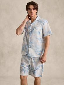 EverLounge Men's Light Blue Animal & Tree Print Short Sleeve Shorts & Cardigan Pajama Set - Baby Blue - View 3