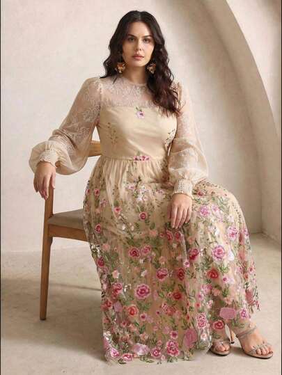 Anewsta فستان ماكسي أنيق للنساء مزين بطرز زهري رومانسي من الشيفون والدانتيل والأكمام المنفوشة للمناسبات والحفلات