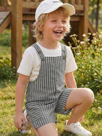 SHEIN Playful Pals Quần yếm kẻ sọc phong cách retro tối giản thoải mái đa năng cho bé trai, thích hợp cho mùa hè.