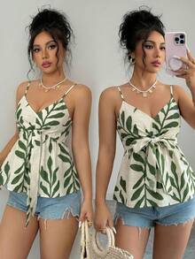 Selianne Bộ áo liền quần nữ in họa tiết lá xanh, thắt eo, thích hợp cho kỳ nghỉ và dã ngoại, mùa xuân/hè. - màu xanh lá - Xem 3