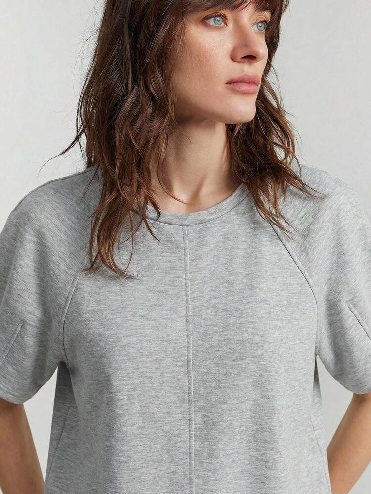 Women's Light Grey Summer Casual Everyday T Shirt,Semi Sheer Rib Knit Round Neck Short Sleeve Regular Length Skin Friendly Modern Office Attire