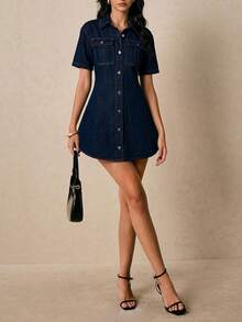 Poéselle Đầm denim nữ kiểu dáng thường ngày cài cúc phía trước, thích hợp cho mùa hè. - Màu xanh lam - Xem 4