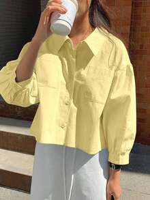 Jouncy Casual Loose Solid Color Cropped Long Sleeve Shirt - Pale Yellow - View 4