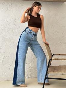 SHEIN High Rise Side Stripe Detailed 90's Light Blue Wash Loose Straight Leg Denim Jean - Light Wash - View 7
