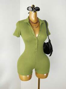 Mistrie Women's Solid Color Half-Zip Casual Short Sleeve Jumpsuit - Green - View 3