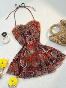 Sunnyshic Women's Summer Casual Vacation Fashion Versatile Daily Wear Bohemian Paisley Print Double-Layer Irregular Hem Contrast Ruffle Splice Spaghetti Strap Bow Tie Strap Short Dress - Multicolor - View 2