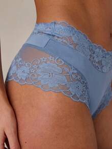 SHEIN BAE 1pc Women's Solid Color Lace Patchwork Thong Panty - Grey - View 2