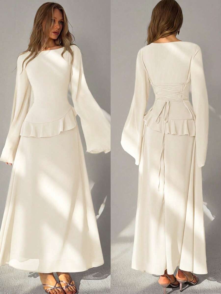 Aloruh Women's Elegant Off-Shoulder Flare Sleeve Ruffle Cinched Waist Back Dress, Beige - Beige - View 1