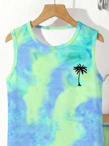 Tween Boy Blue Summer Streetwear Holiday Vacation Tie-Dye Tank Top And Shorts 2-Piece Set,Casual Sporty Beach Style Loose Soft Comfortable Outfit - Multicolor - View 4