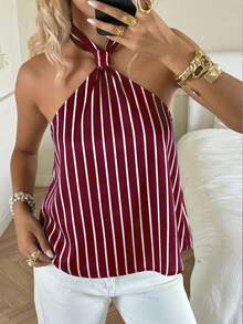 SHEIN EZwear 女士休闲度假红白条纹露背系带上衣，适合度假、返校、音乐节、海滩派对、泳池派对、毕业旅行等场合。 - 彩色 - 查看 6