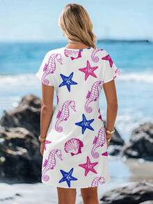 Sylviya 女士V领无袖海星、海马、贝壳印花沙滩度假休闲迷你连衣裙，夏季假日装扮，女士春季度假装扮 - 彩色 - 查看 2