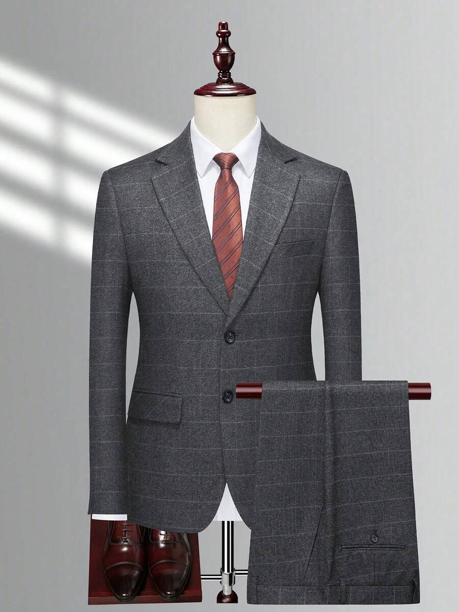 Manfinity Mode Bộ vest nam dài tay cài cúc phía trước, họa tiết kẻ sọc, gồm áo khoác và quần tây. - Màu Xám nhạt - Xem 1
