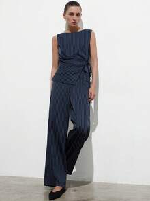 Aveloria Modichic Women's Two-Piece Set Navy Blue,Summer,Elegant,Office Worsted Suit Fabric Slim Fit Waist Strapped Wrap Asymmetric Hem Mock Neck Sleeveless Pants Set - Blue - View 3