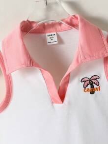 SHEIN 女童T恤套装，粉色无袖Polo衫+蓝色椰子树刺绣半裙，儿童夏季休闲度假沙滩装户外旅行日常穿着两件套 - 彩色 - 查看 4