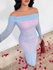 SHEIN SXY 女士优雅露肩褶皱连衣裙，夏季 - 彩色 - 查看 3