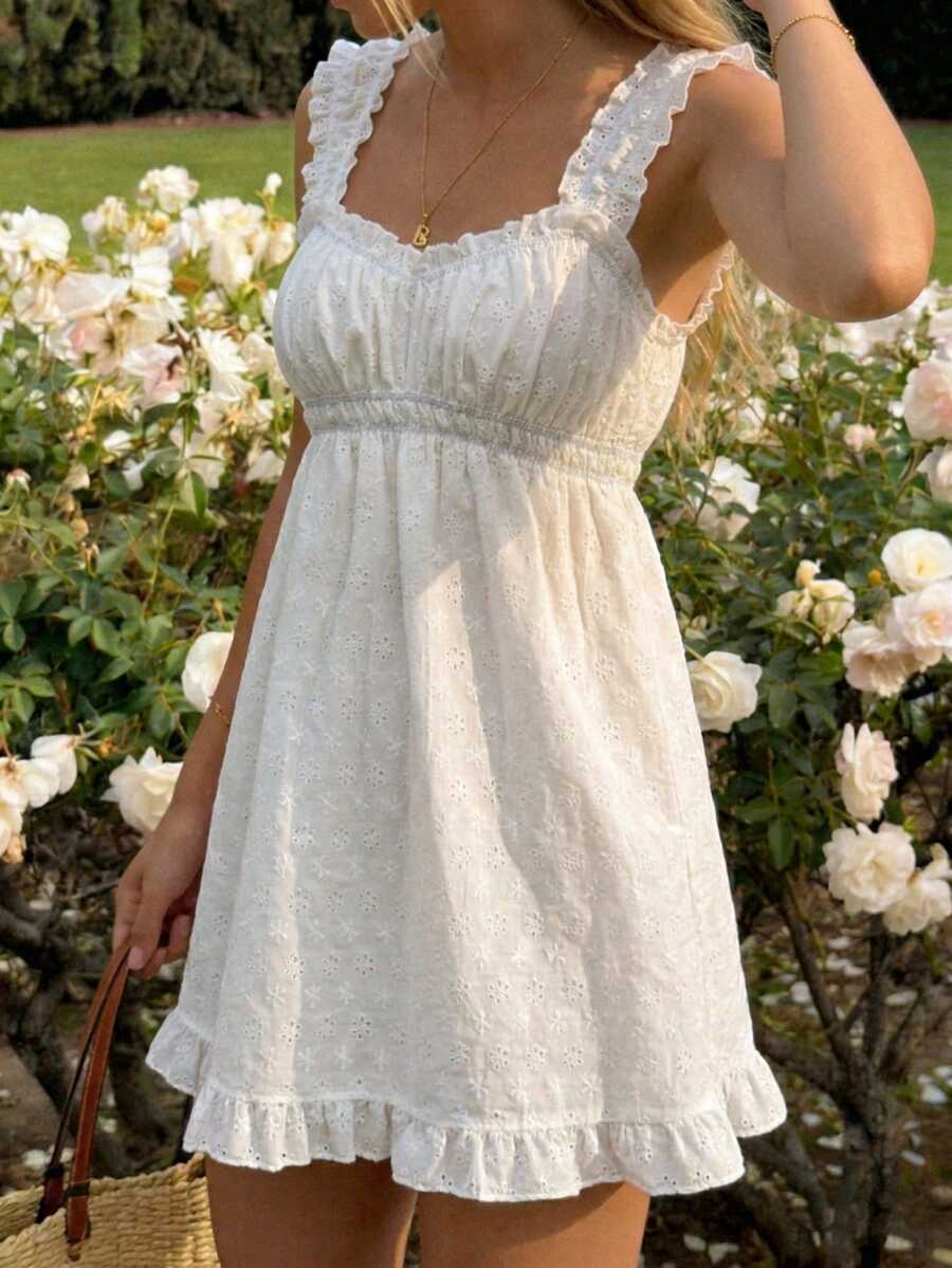 CovetEZ 女士度假休闲纯色刺绣荷叶边无袖迷你连衣裙可爱连衣裙夏季连衣裙甜美连衣裙夏季服装娃娃衫漂亮衣服可爱女装连衣裙女士夏季套装女士太阳裙女士夏季连衣裙女士春季连衣裙 - 白色 - 查看 1