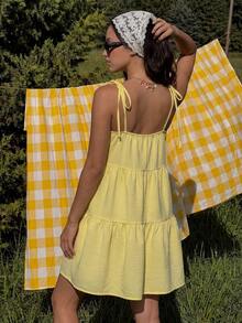 MainGRL Sweet Cute Yellow Tiered Spaghetti Strap Mini Dress With Bowknot Details, Boho Easter Vacation Summer Outfit For Women Ruffle Vacation Festival Outfits Women Dress Easter Dress Women,Summer Dresses For Women - Yellow - View 2