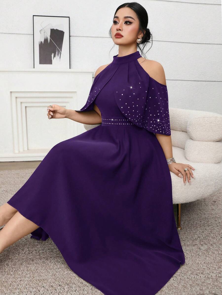 Modelyn Plus Size Elegant Rhinestone Embellished Cold-Shoulder Halter Dress, Summer - Purple - View 1